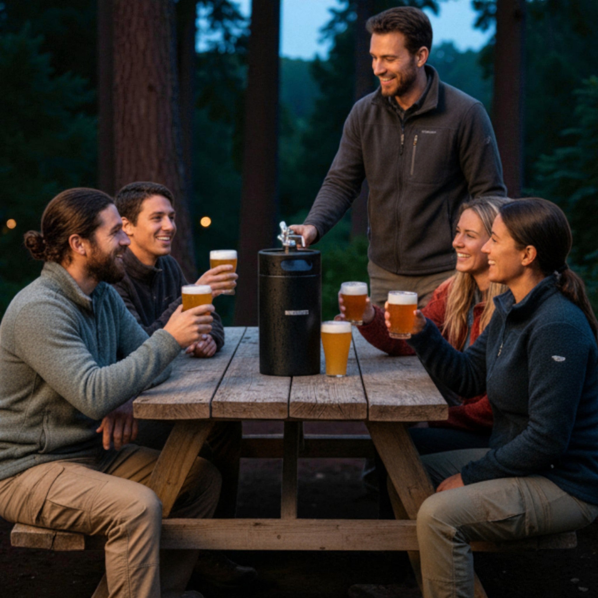Group of people enjoying beer from an ikegger mini keg at a picnic table outdoors.